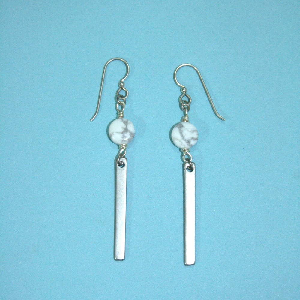 Hand wrapped Sterling silver, SSP matte bar w/Howlite dangle earrings